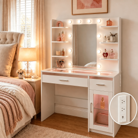 Vanity Desk with Lighted Mirror, Makeup Table with UL-Certified Power Outlet, App-Controlled RGB Light Strip, Storage Shelves, Cabinet and Drawer