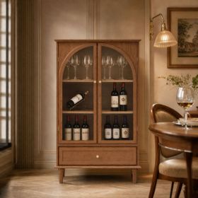 Vintage Farmhouse Arched Glass Accent Cabinet, MDF Real Wood Veneer Display Storage Cabinet with Solid Wood Legs, Adjustable Shelves & Drawer