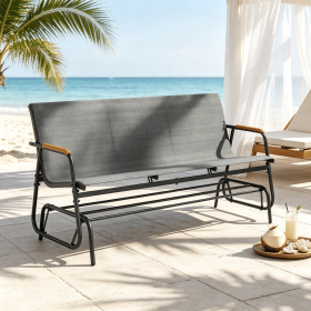 Patio Glider Bench for 3 People with Curved Teak Armrests Breathable Fabric Seat Outdoor Furniture
