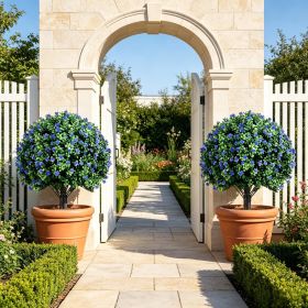 2 Pack 27.5 Inch Artificial Camellia Boxwood Topiary Ball Trees Faux Floral Shrubs for Home Decor