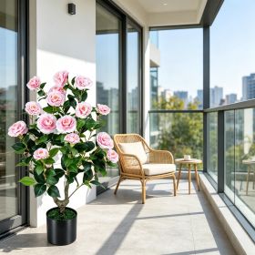 Artificial Camellia Tree Faux Flower Plant Cement-Filled Pot Durable Fake Camellia for Home Decor (Color: Pink)