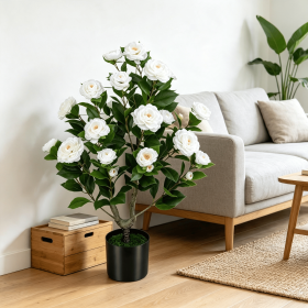 Artificial Camellia Tree Faux Flower Plant Cement-Filled Pot Durable Fake Camellia for Home Decor (Color: White)